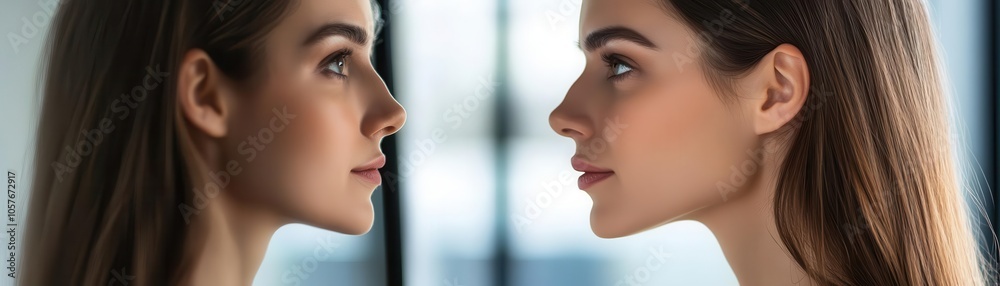 Side profile of woman facing her reflection, contrasting personalities in mirror Side profile of woman facing her reflection, contrasting personalities in mirror