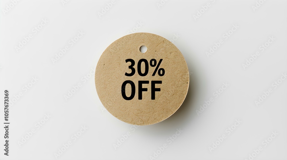 Black '30% OFF' Text on a Khaki Round Paper Note. White Background with Copy Space Black '30% OFF' Text on a Khaki Round Paper Note. White Background with Copy Space