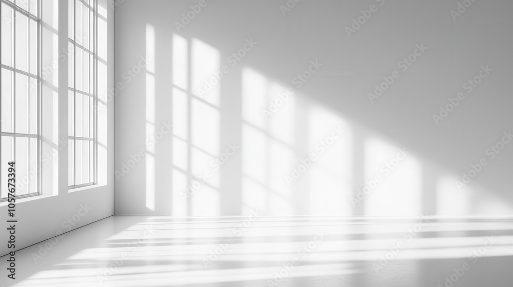 minimalistic empty room with a white wall bathed in light from large windows, shadows creating subtle depth, ideal for product presentations or modern interior displays minimalistic empty room with a white wall bathed in light from large windows, shadows creating subtle depth, ideal for product presentations or modern interior displays