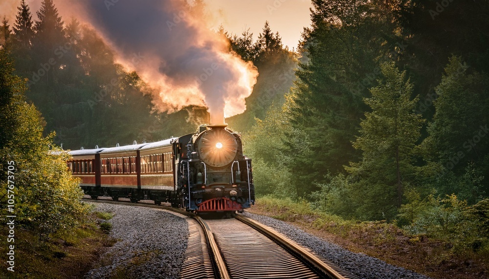 Obraz premium tren de vapor clásico que viaja por medio de un bosque con la luz del atardecer; conceptos de transporte y turismo ferroviario, viajes,