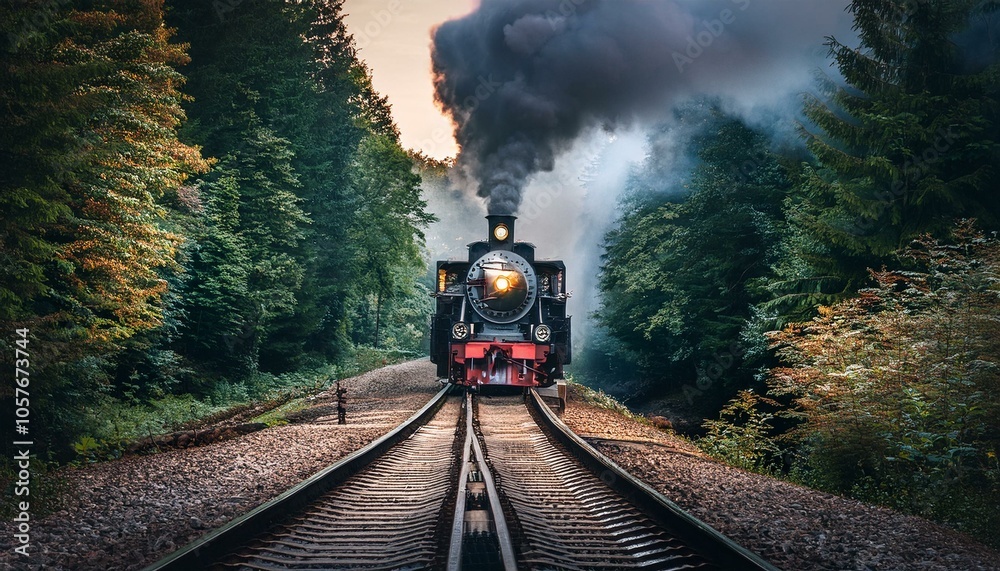 Obraz premium tren de vapor clásico que viaja por medio de un bosque con la luz del atardecer; conceptos de transporte y turismo ferroviario, viajes,