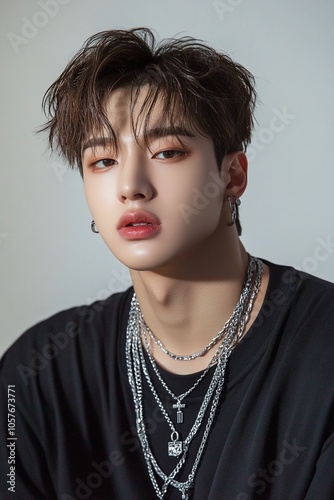 A handsome K-pop with short hair, wearing a black shirt and silver necklaces