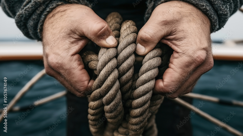 Close-up of hands holding a coiled rope on a boat, with a blurred water background, depicting maritime work or nautical activity.