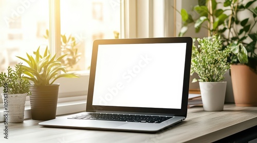 mockup of a sleek laptop positioned on a well-organized home office desk, featuring a blank screen ideal for showcasing web designs or presentations, with a warm and inviting workspace atmosphere