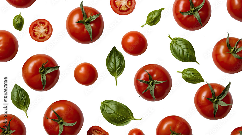 Seamless Pattern of Fresh Tomatoes and Basil Leaves on Transparent Background Seamless Pattern of Fresh Tomatoes and Basil Leaves on Transparent Background