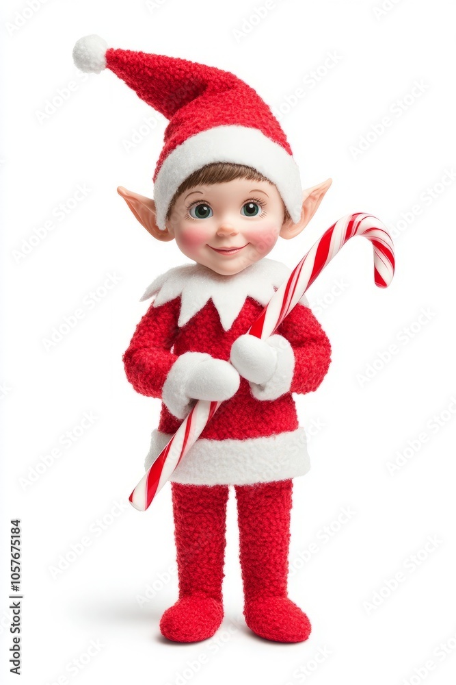 A Christmas elf toy with a candy cane in its hand, isolated on a white background. A Christmas elf toy with a candy cane in its hand, isolated on a white background.