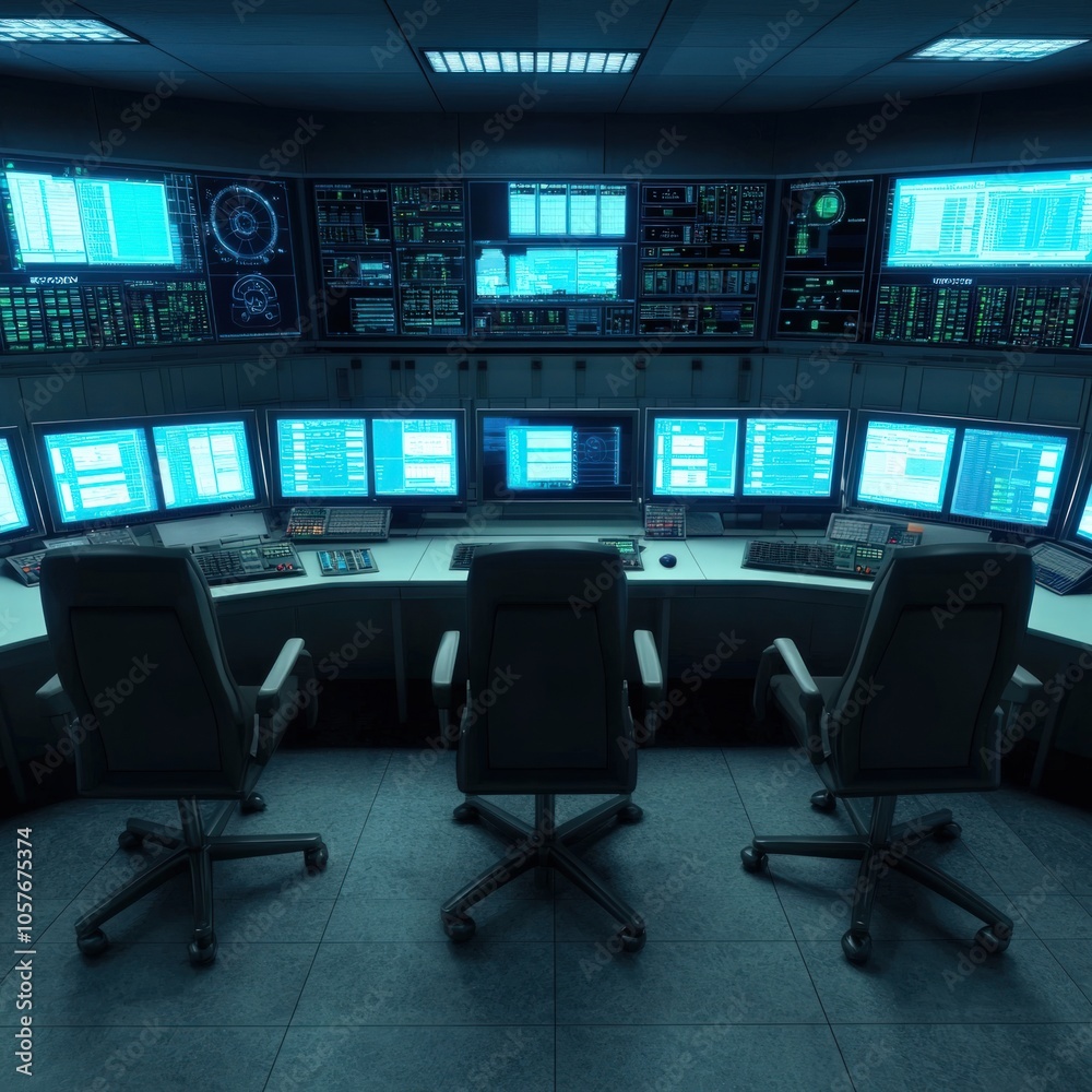 Naklejka premium Futuristic Control Room with Multiple Monitors and High-Tech Equipment for Operations Management