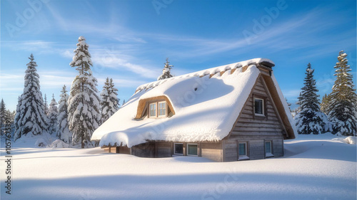 Cozy Winter Cabin in Snowy Forest with Blue Sky Background
