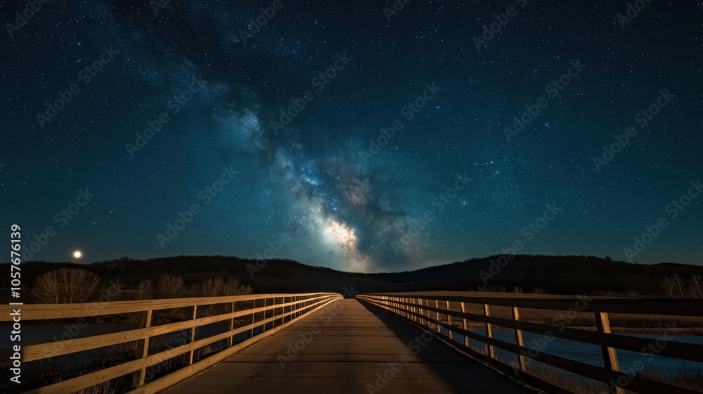 Fototapeta premium A wooden bridge leading into a starry night sky with the Milky Way visible.