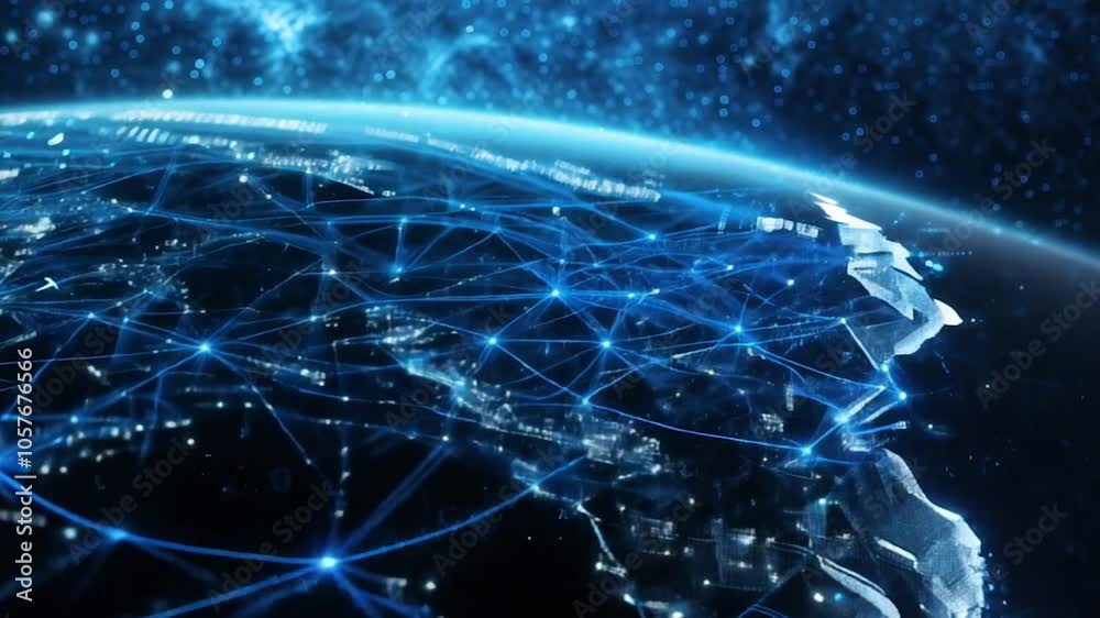 Global network visualization with interconnected nodes over Earth's surface, representing worldwide digital connectivity with blue lines for a background  animation