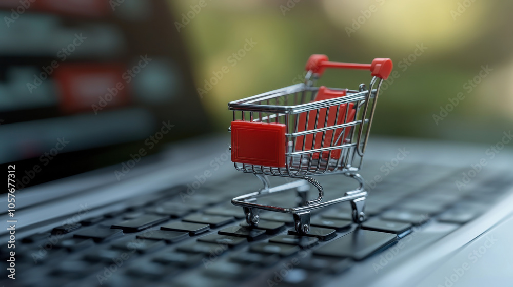 Small shopping cart on laptop keyboard symbolizing digital retail, e-commerce, online purchasing, modern technology, virtual shopping, internet store, consumer commerce, digital market Small shopping cart on laptop keyboard symbolizing digital retail, e-commerce, online purchasing, modern technology, virtual shopping, internet store, consumer commerce, digital market