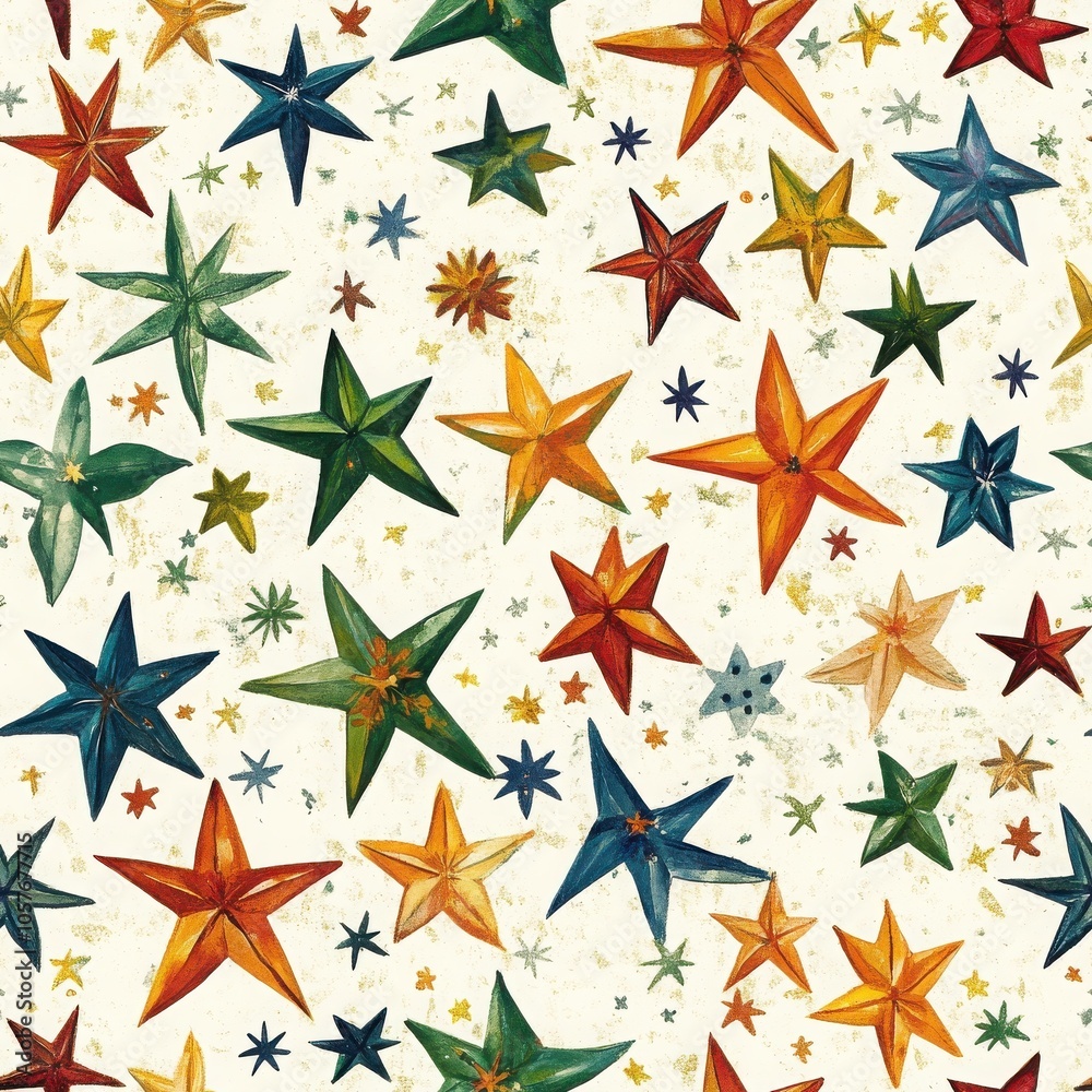 A colorful pattern of stylized stars in various shapes and sizes on a light background, creating a whimsical and festive atmosphere.