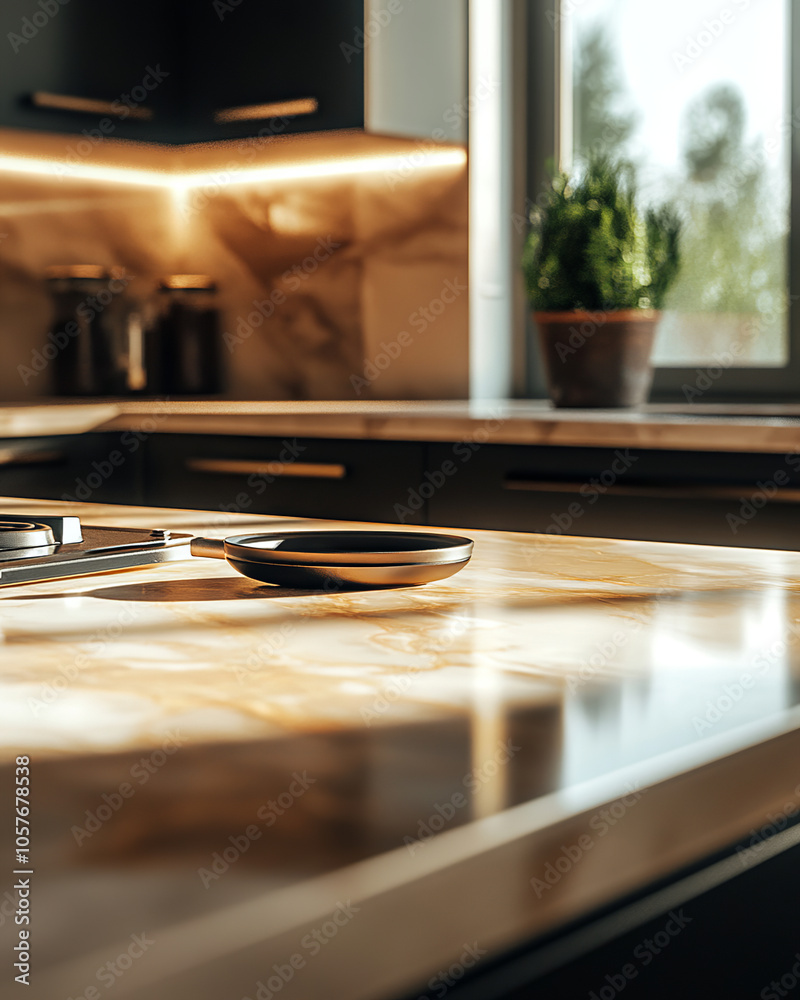 Fototapeta premium product photography, an empty, elegant surface made of marble, accessories placed on the edges of the composition against a rustic kitchen, close-up, high angle, lighting perspective studio,