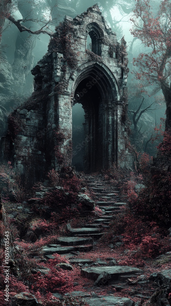 Obraz premium Ruined stone archway leading into a misty forest with red foliage and a path of stone steps .