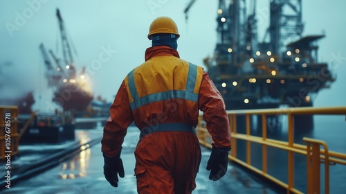 offshore oil rig worker walking towards a facility, clad in safety gear, amidst a backdrop of industrial machinery and the sea, emphasizing resilience in harsh environments photo