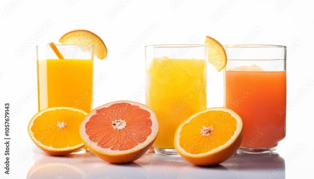 Glasses with orange, grapefruit, and lemon juices, accompanied by slices of the respective fruits, presented on a white background. AI generated. Glasses with orange, grapefruit, and lemon juices, accompanied by slices of the respective fruits, presented on a white background. AI generated.