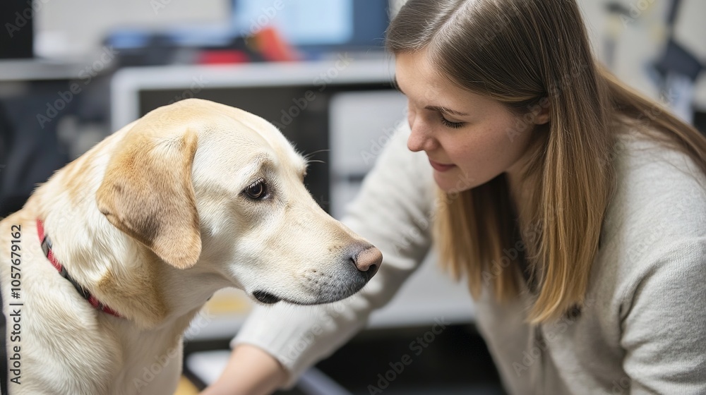 A behaviorist working with a dog in a controlled environment, studying responses to various stimuli. A behaviorist working with a dog in a controlled environment, studying responses to various stimuli.