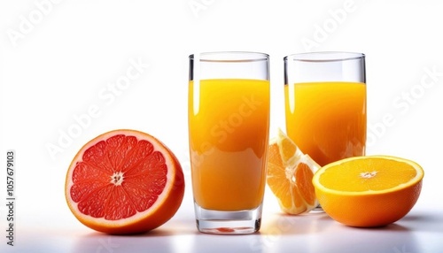 Glasses with orange, grapefruit, and lemon juices, accompanied by slices of the respective fruits, presented on a white background. AI generated.