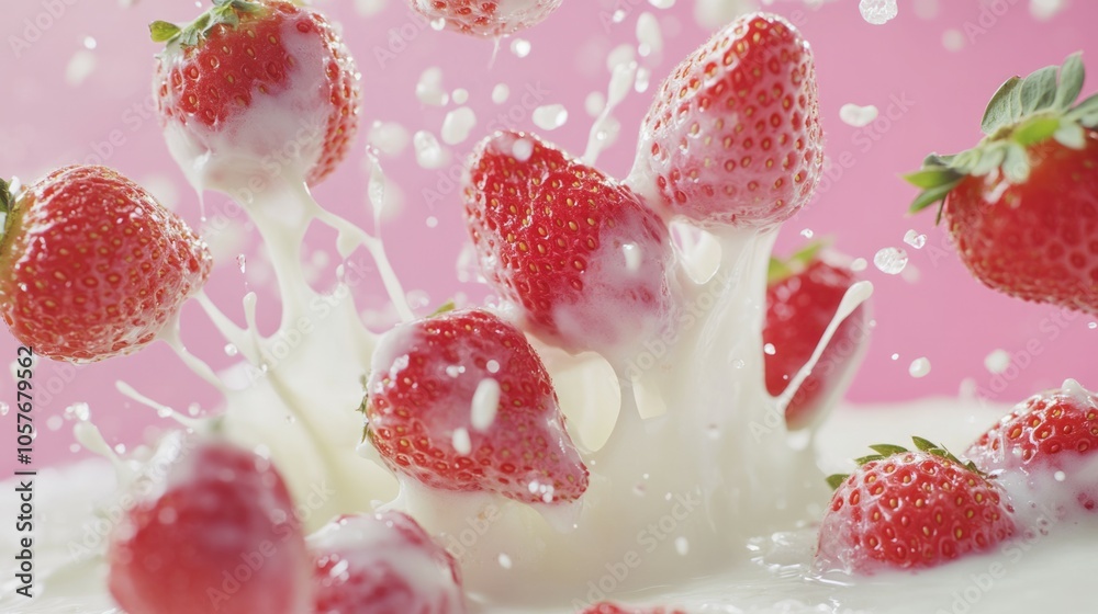 many strawberries exploding from milk pink background many strawberries exploding from milk pink background