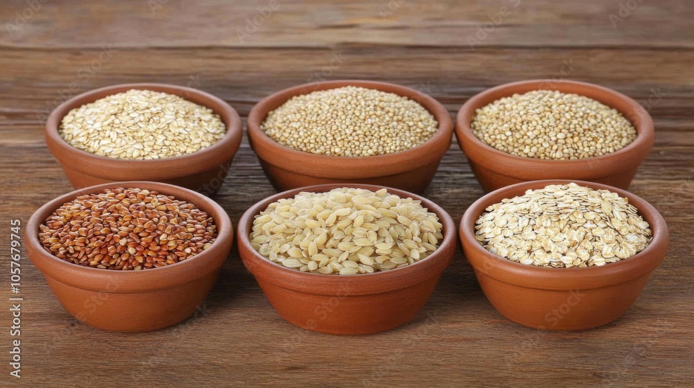Variety of Raw Grains in Rustic Bowls on Wood Surface Variety of Raw Grains in Rustic Bowls on Wood Surface