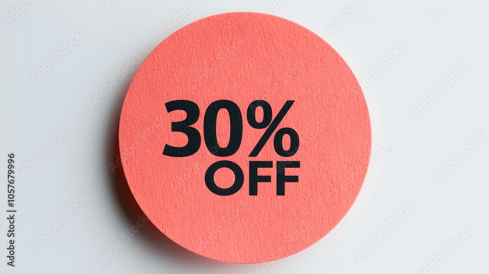 Black '30% OFF' Text on a Light Red Round Paper Note. White Background with Copy Space Black '30% OFF' Text on a Light Red Round Paper Note. White Background with Copy Space