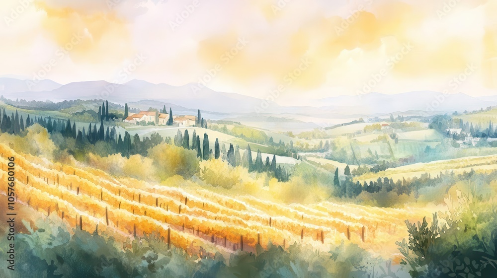 Naklejka premium pastel-colored illustration of rolling mediterranean vineyards, captured in soft watercolor style, evoking a rustic and idyllic charm that transports viewers to a serene countryside