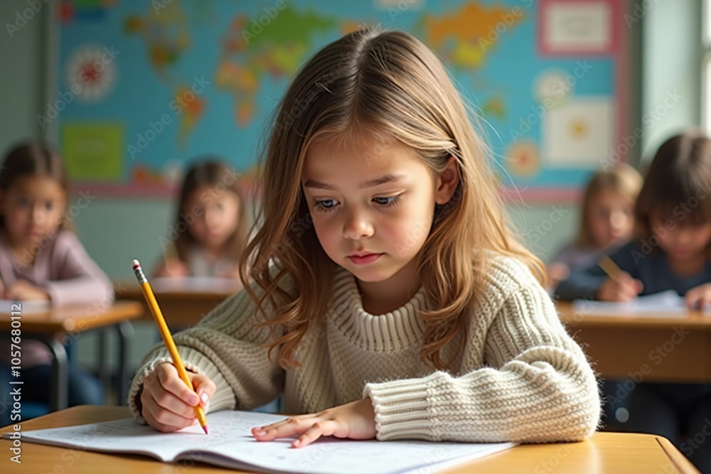 Dedicated Schoolgirl Deep in Thought - A Glimpse into the World of Education and Early Learning Dedicated Schoolgirl Deep in Thought - A Glimpse into the World of Education and Early Learning