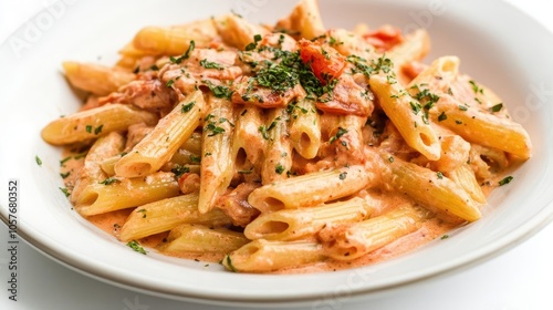 penne alla vodka pasta creatively plated, showcasing a rich pink tomato cream sauce, garnished with herbs, set against a pristine white background that enhances its appetizing appeal