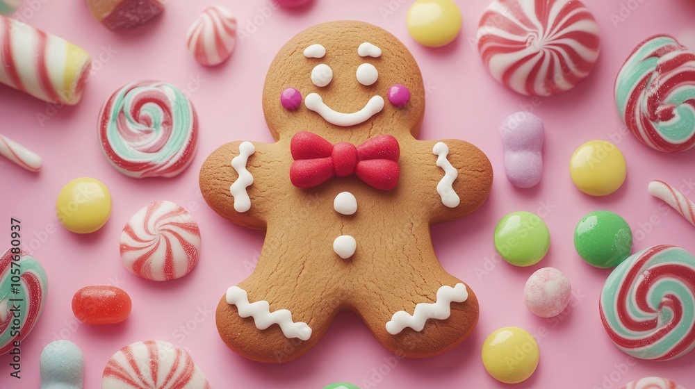 playful gingerbread man character with an oversized red bow tie, surrounded by colorful icing decorations and candy, radiant with a joyful expression, perfect for a festive holiday theme playful gingerbread man character with an oversized red bow tie, surrounded by colorful icing decorations and candy, radiant with a joyful expression, perfect for a festive holiday theme