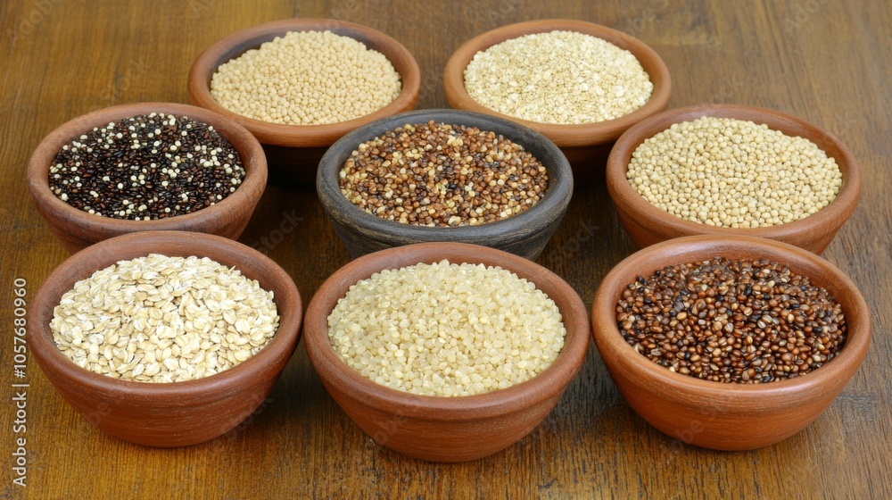 Assorted Grains in Bowls on Wooden Table Assorted Grains in Bowls on Wooden Table
