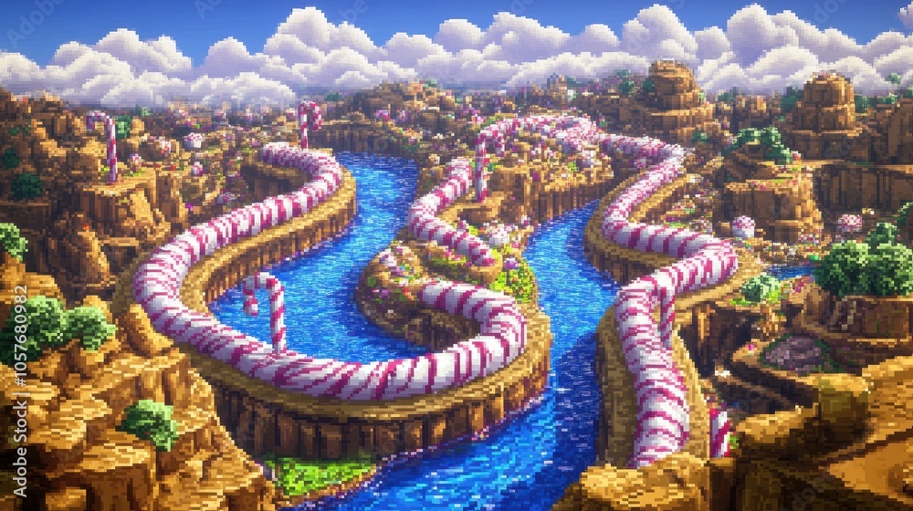 Fototapeta premium Colorful Candy Landscape with River and Mountains