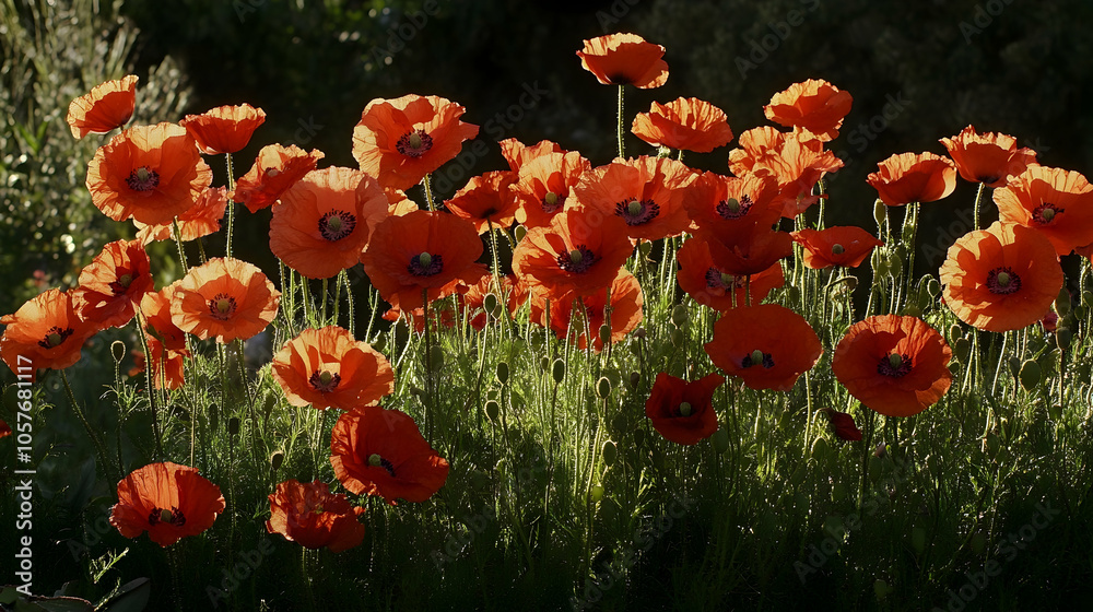 Obraz premium A field of bright red poppies in full bloom, backlit by the sun.