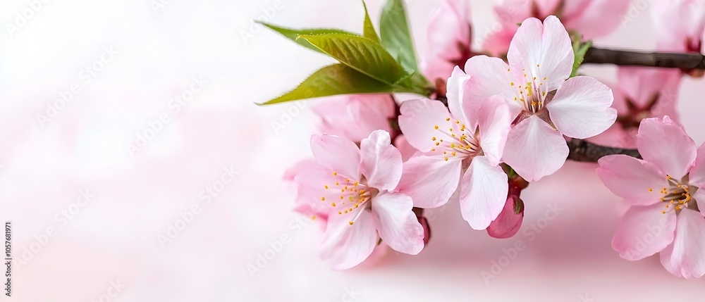 Soft pastel pink cherry blossom flowers blooming on tree branches with a dreamy out of focus bokeh effect creating a serene and romantic springtime scene with a harmonious ethereal atmosphere