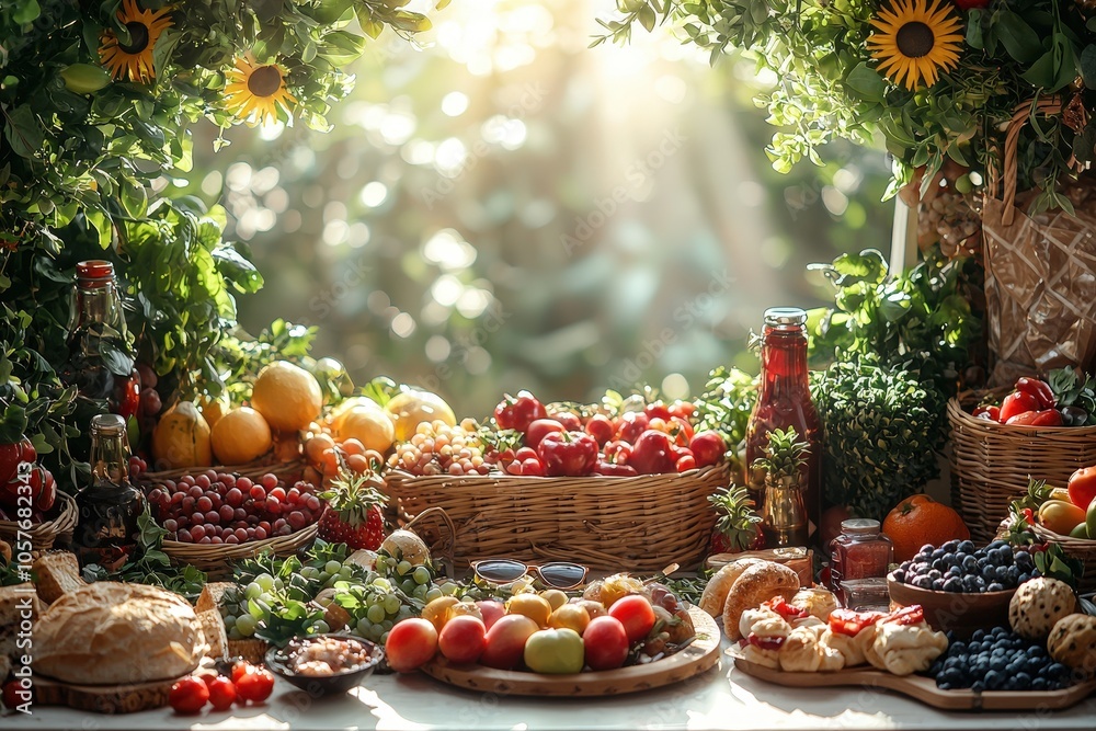Vibrant harvest table with fresh fruits, vegetables, and baked goods in lush garden setting Vibrant harvest table with fresh fruits, vegetables, and baked goods in lush garden setting