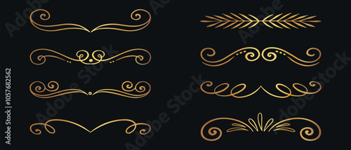 A set of decorative golden dividers. Vector on black background 