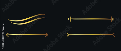 Set of decorative golden partitions drawn by hand. Vector on black background 