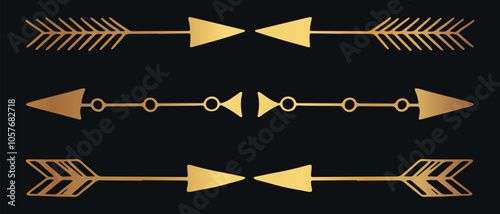 Set of decorative golden partitions in the form of arrows. Vector on black background 