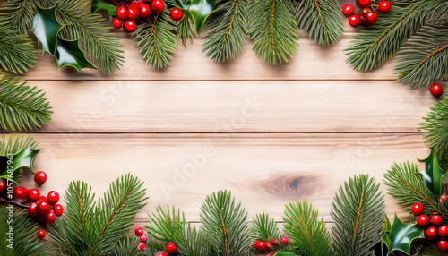 A natural, rustic background featuring lush green pine branches and bright red holly berries, evoking a warm, festive holiday atmosphere.

