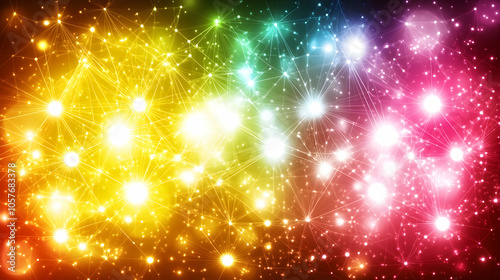 Abstract colorful background with glowing stars and lines.