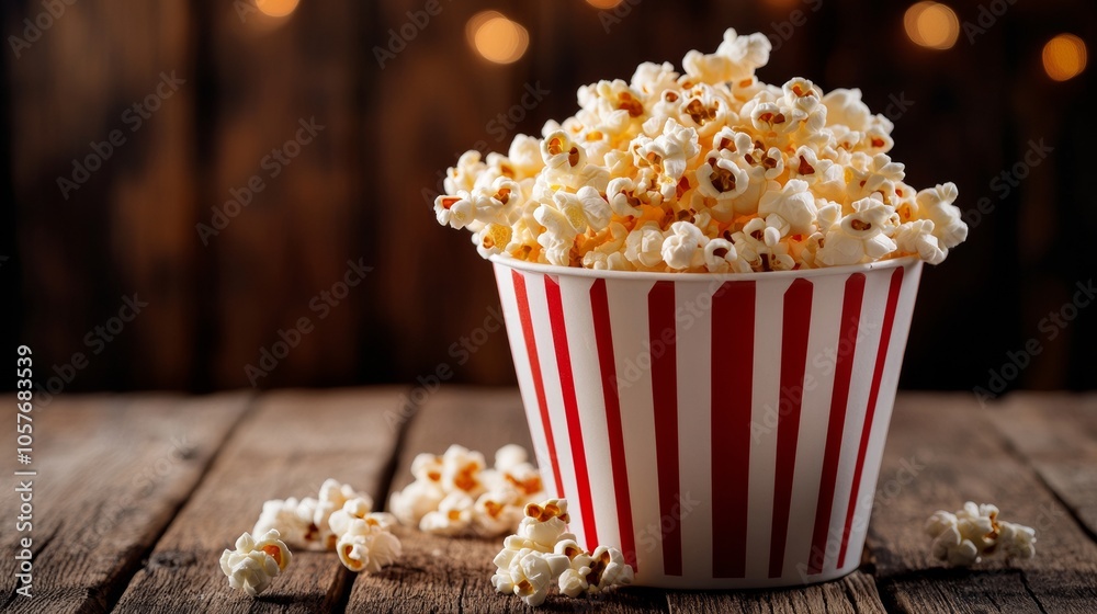 Popcorn overflowing a striped bucket placed on a wooden table with warm lights in the background Popcorn overflowing a striped bucket placed on a wooden table with warm lights in the background