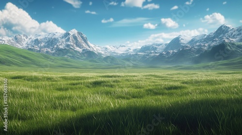 Expansive grasslands with snow-capped mountains on the horizon, evoking calm and peaceful countryside vibes.