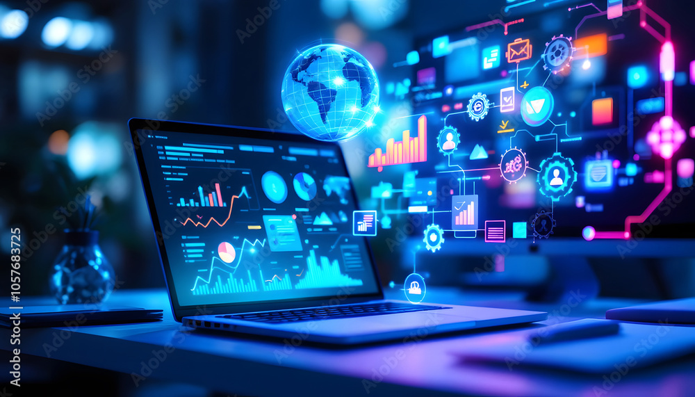 High-Tech Digital Business Imagery, Neon Laptop Illustrating SEO, Content Management, and System Optimization