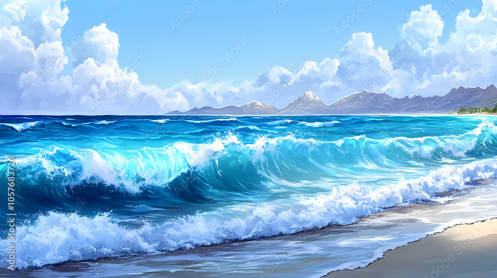 Blue ocean waves crashing on a sandy beach with mountains in the distance under a clear blue sky with white clouds. Blue ocean waves crashing on a sandy beach with mountains in the distance under a clear blue sky with white clouds.