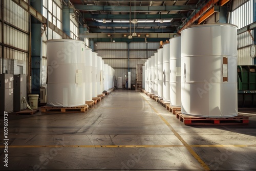 Jumbo paper rolls on wooden pallets inside a printing factory warehouse, industrial interior with natural light