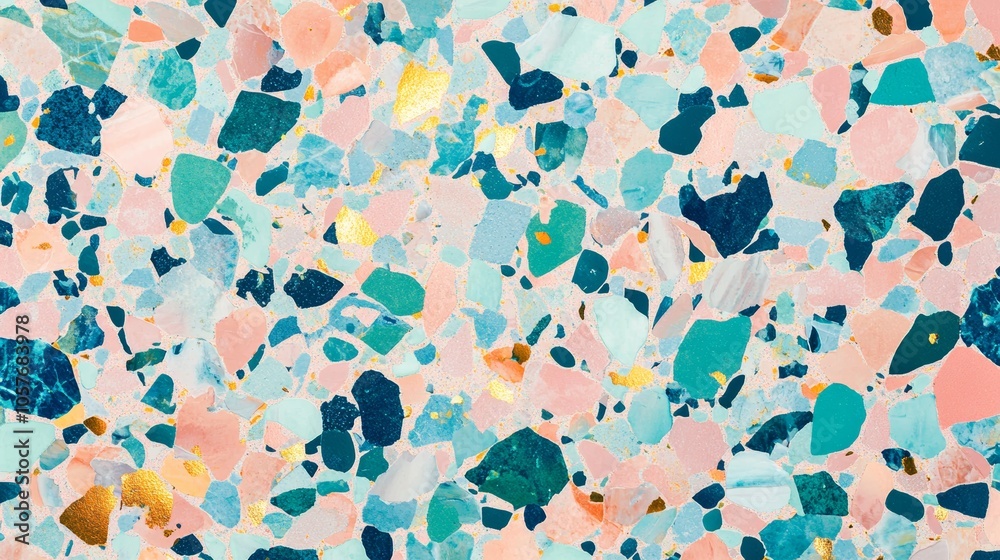 Colorful terrazzo texture showing pink, gold, and teal stone fragments Colorful terrazzo texture showing pink, gold, and teal stone fragments