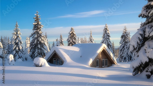Cozy Winter Cabin in Snowy Forest with Blue Sky Background