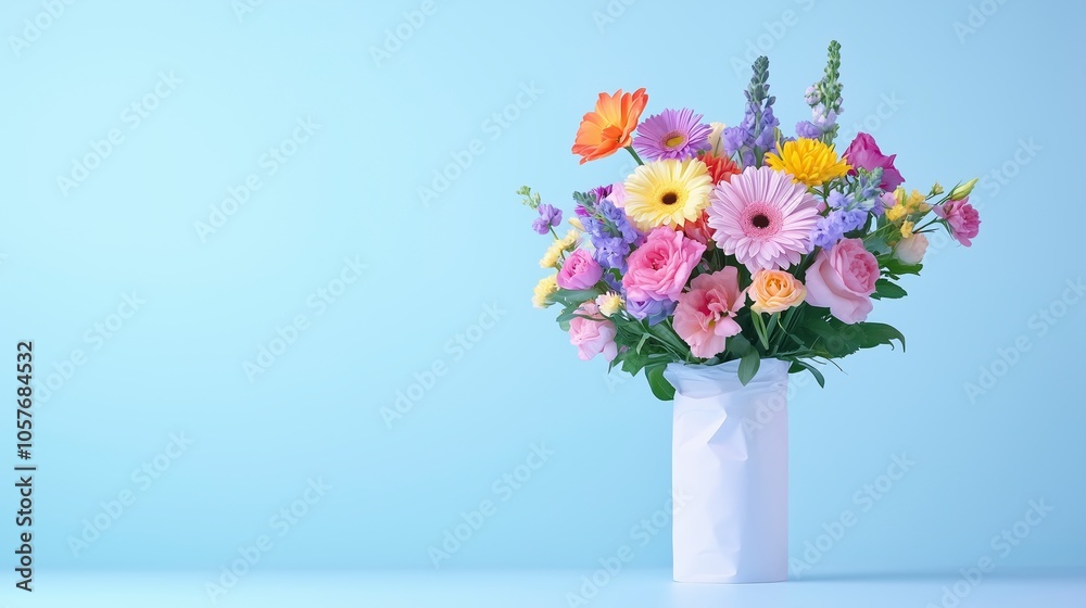 A bouquet of flowers wrapped in white paper, placed on top of the table A bouquet of flowers wrapped in white paper, placed on top of the table