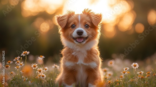 Happy Puppy in a Field of Flowers