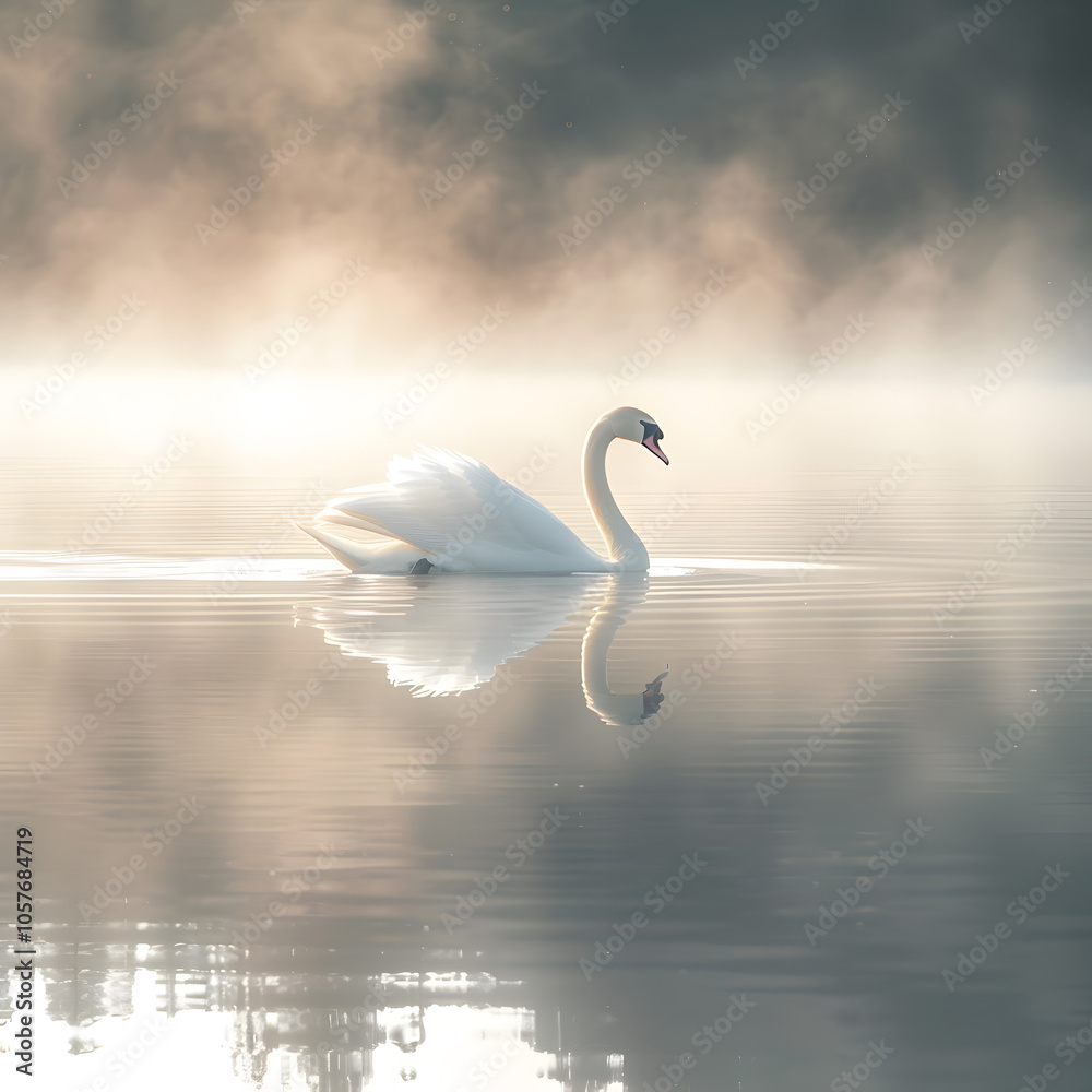Obraz premium Picture a serene swan gracefully moving across a mistcovered lake at sunrise, emanating elegance in the tranquil morning light, surrounded by a calm and harmonious atmosphere