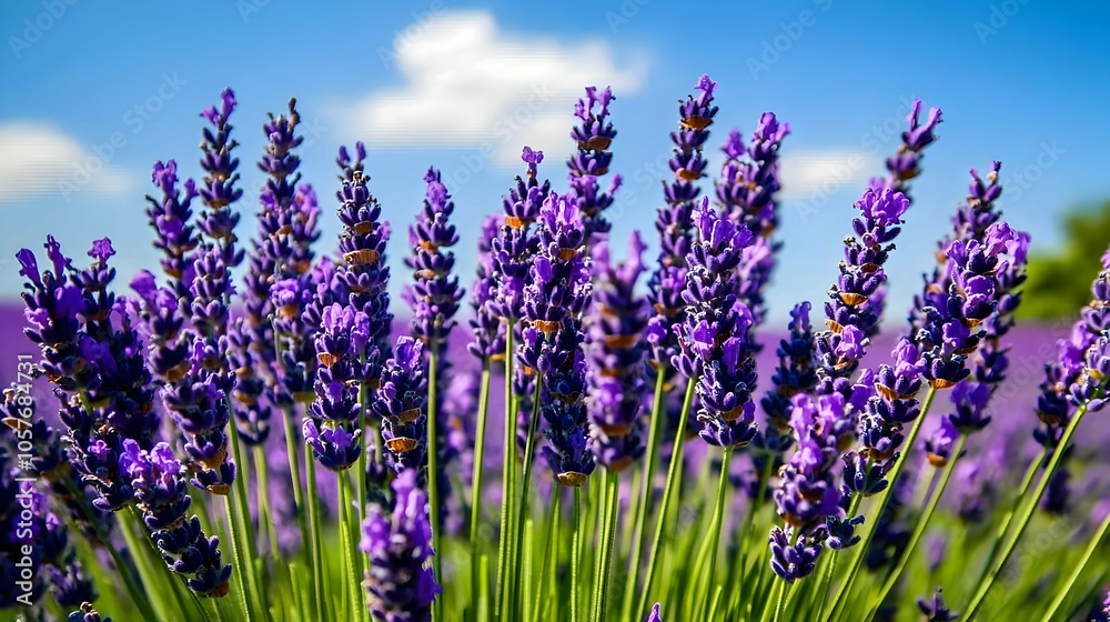 Obraz premium Purple lavender flowers in a field, close-up.